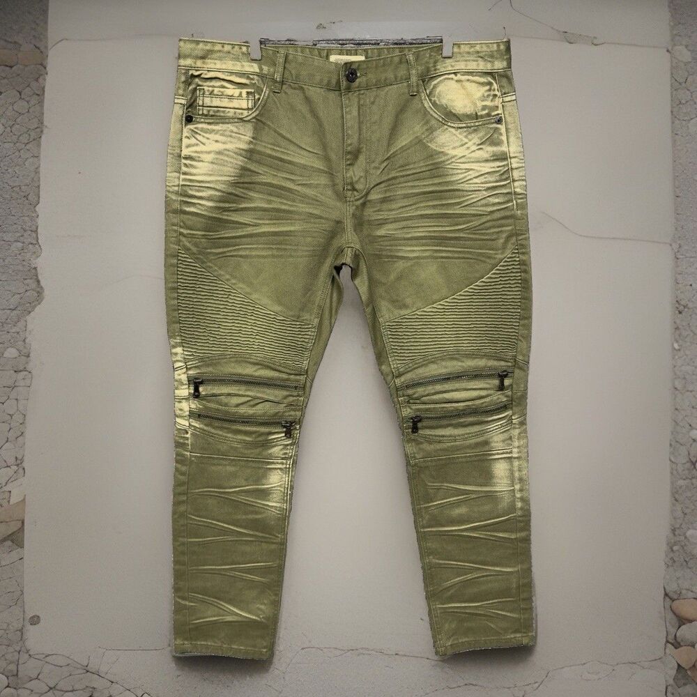 Smoke Rise Men Olive Green Moto Biker Jeans Distressed Faded Slim Fit Size 40x32